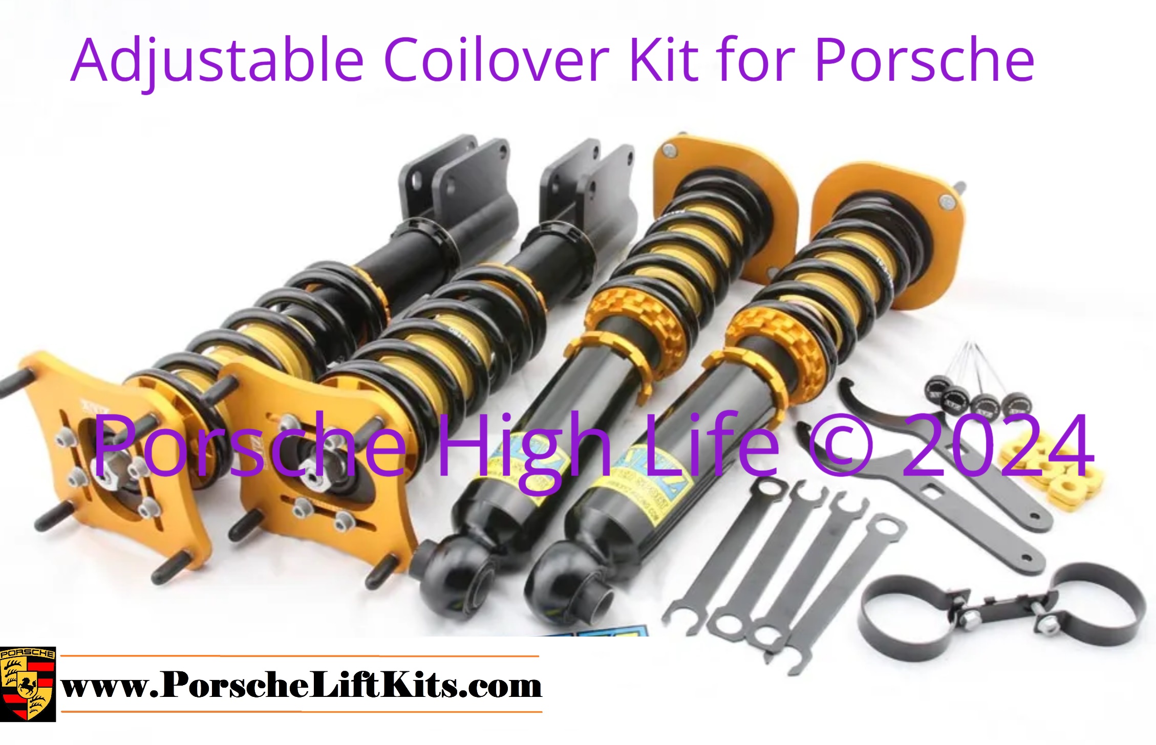 Coilover Suspension with 45mm piston with adjustable 30-way dampening settings. Available for Porsche Carrera 964, 993, 996, 996 GT3, 997, Boxster 996, Cayman 987, and, Panamera